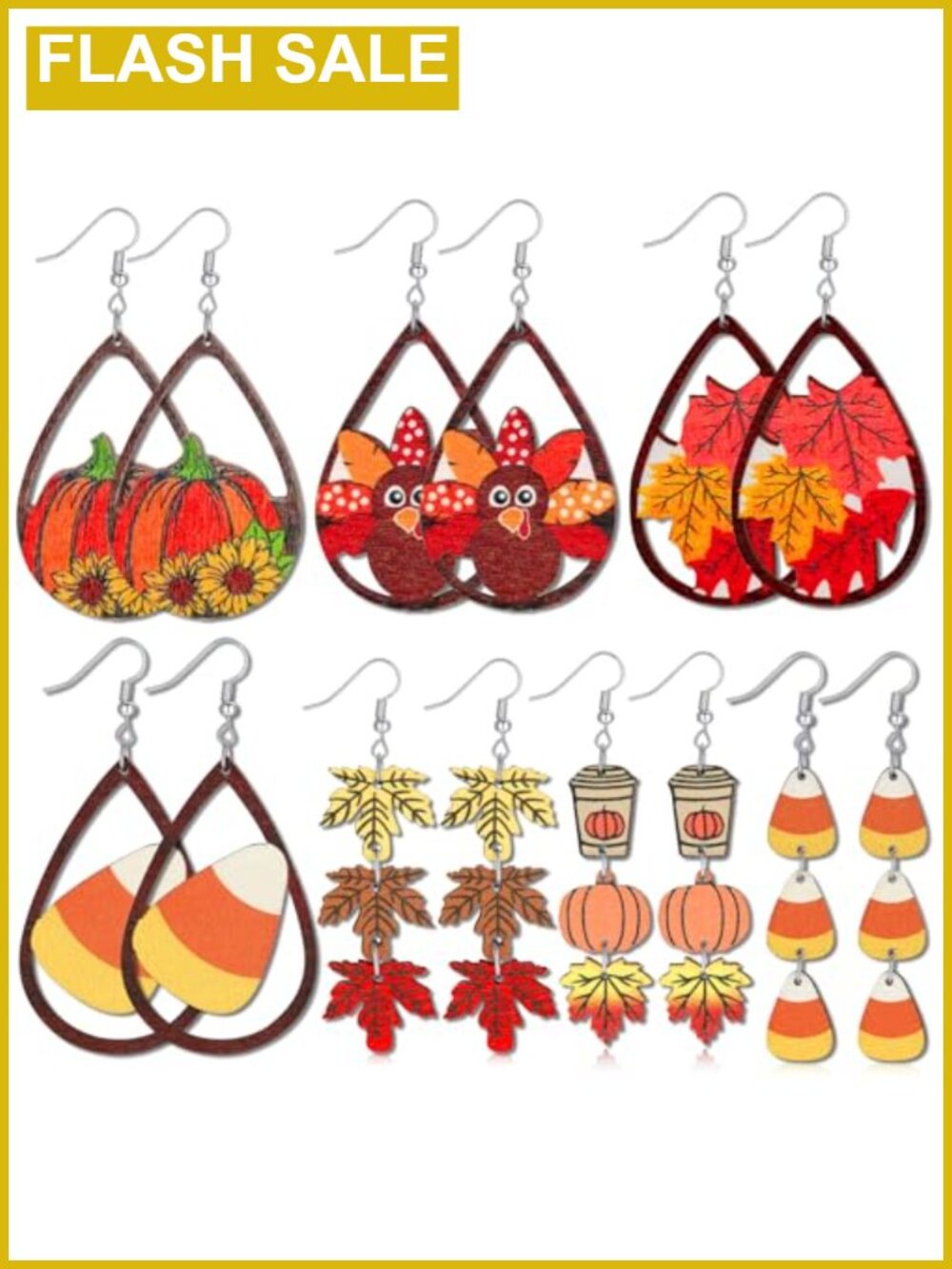 Wooden Fall Thanksgiving Dangle Earrings Set 7 Pairs Lightweight